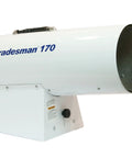 Heavy Duty Portable Propane Forced Air Heater With Built In Thermostat Variable Rate Valve Cranks Up Major Warmth Using Torpedo Salamander Design For Shops And Garages, white exterior.