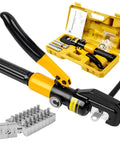 10 Ton Hydraulic Crimping Tool Kit With 9 Dies For 12 AWG To 2/0 Battery Cables Easy To Operate Crimper displayed with case and dies