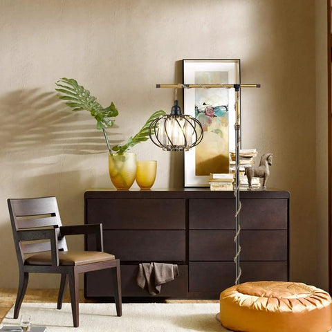 15 Foot Pendant Light Kit With Switch Vintage Rope Pendant Lamp, dark wood sideboard, framed art, and decor in living room setting