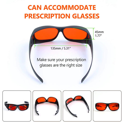 Heavy Duty Laser Safety Goggles Designed For Blue And Green Lasers Spanning 190 To 540 Nm Spectrum Ideal For Engraving Hustle While Keeping Your Peepers Locked In And Comfy All Day showing lens size and compatibility with prescription glasses.
