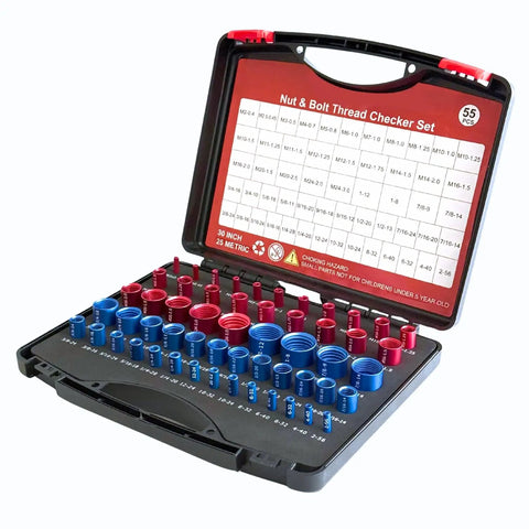 55-Piece Nut And Bolt Thread Checker Kit With 30 SAE And 25 Metric Sizes Aluminum Thread Gauge For Quick Size ID Gear For Auto Repair Mechanics M11 Threads in open case showing blue and red gauges.