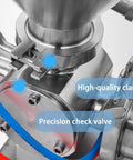 Close-up of Heavy Duty Horizontal Heating Mixing Filler Machine, showing high-quality clamp and precision check valve.
