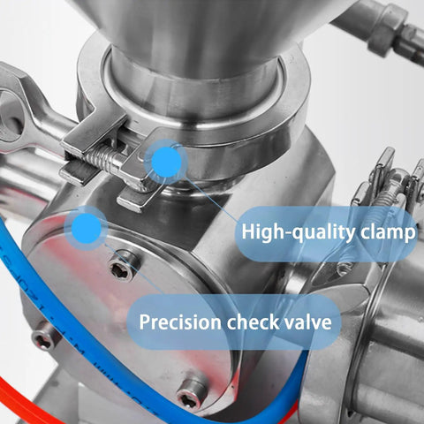 Close-up of Heavy Duty Horizontal Heating Mixing Filler Machine, showing high-quality clamp and precision check valve.