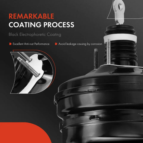 Detail of Straight Up Quality Rock Solid Vacuum Brake Booster Replacement Fits Chrysler Town Country Dodge Grand Caravan 2008 To 2010 Models With Br3 Or Br4 Brakes No Sensor showing black electrophoretic coating.