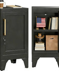 Beefy Steel Nightstand With A Tight Locking Door And Adjustable Shelf Slick Black Metal Bedside Cabinet For Bedroom Home Office Keeping Your Stuff Secure, showcasing coffee and notebook on top.