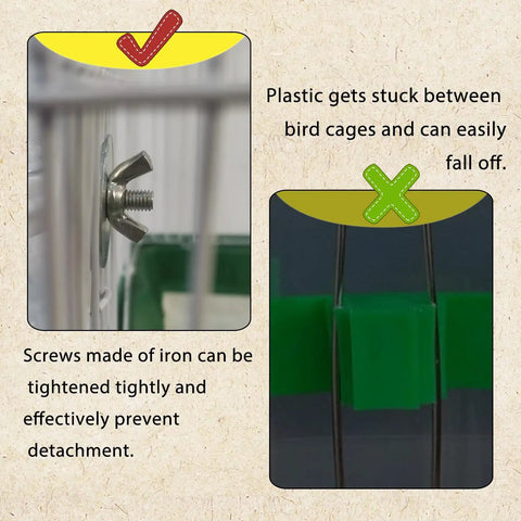 Automatic Bird Water Dispenser And No Stress Parrot Cage Bottle detail showing secure iron screw for attachment.