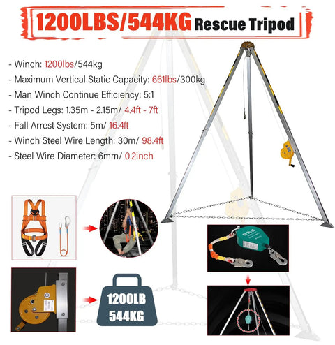 Hella Sturdy Three Point Confined Space Rescue Tripod Kit Built Tough As Nails For Wells Tunnels And Manholes Packs Heavy Duty Aluminum Stand 1200 Lb Capacity And 98 Ft Winch Cable