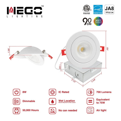 4 Inch Gimbal LED Recessed Light 10 Pack Eyeball Directional Adjustable Dimmable Downlight shown with specs and dimensions