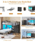 3-in-1 Twin Over Twin Bunk Bed With Four Storage Drawers Three Toy Bins And LED Lights, Metal Frame With Guardrail and Ladder