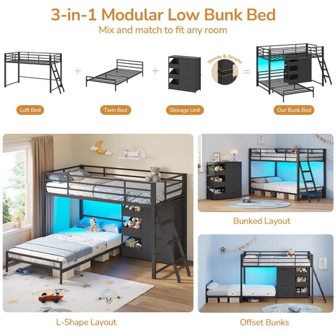 3-in-1 Twin Over Twin Bunk Bed With Four Storage Drawers Three Toy Bins And LED Lights, Metal Frame With Guardrail and Ladder