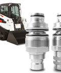 Two silver hydraulic flat-face couplers, male and female, with Φ46mm threads, shown beside a white Bobcat loader.