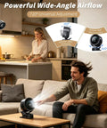 Man using Portable Clip On Fan With Rechargeable USB Power Turbo Airflow 100 Stepless Speeds LED Display 360 Degree Rotation