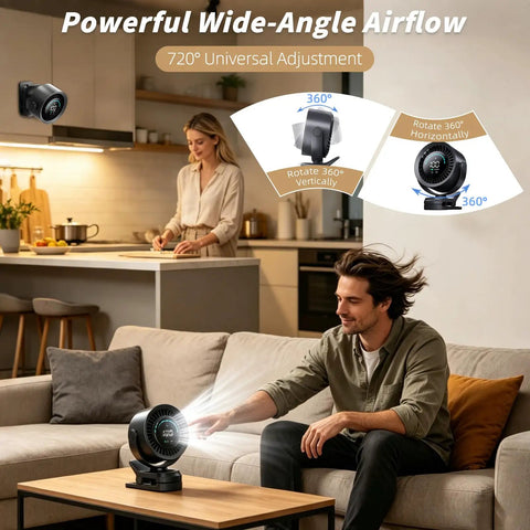 Man using Portable Clip On Fan With Rechargeable USB Power Turbo Airflow 100 Stepless Speeds LED Display 360 Degree Rotation