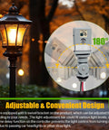 Two Pack Waterproof Photocell Sensors For Outdoor Lights, 120V AC, swivel mount shown with lamp, dusk to dawn functionality.