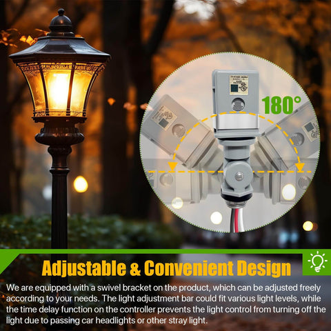 Two Pack Waterproof Photocell Sensors For Outdoor Lights, 120V AC, swivel mount shown with lamp, dusk to dawn functionality.