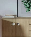 Recessed Pocket Door Pull Handles 2 3 4 Inch Round Finger Flush Pulls Brushed 304 Stainless Steel installed on cabinet doors.