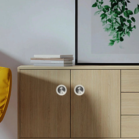 Recessed Pocket Door Pull Handles 2 3 4 Inch Round Finger Flush Pulls Brushed 304 Stainless Steel installed on cabinet doors.