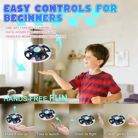 Child playing with UFO Hand Controlled Drone For Kids, Safe RC Toy With 7 LED Lighting Modes, 360 Degree Flips, Ceiling Light Projection.