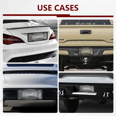Clear License Plate Covers And Frames With Screws Caps And Washers For Standard US Plates Rust Proof Auto Plate Holder Universal Protector For Cars Trucks SUVs No Tools Needed on various vehicles, rear view.