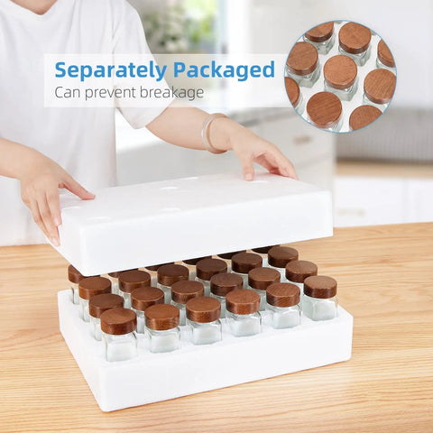 Glass Spice Jars Set 24 Pack Four Ounce Square Containers With Airtight Wood Lids safely packaged in white box