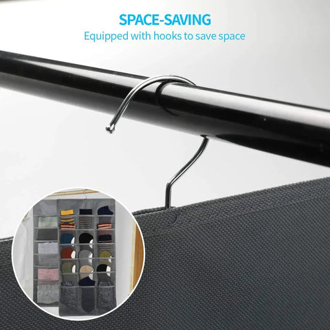 Enlarged Closet Hanging Bra Organizer With Rotating Metal Hanger showing hooks on rail with mesh pockets visible in inset