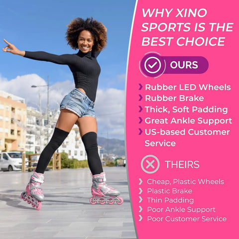 Girl skating outdoors wearing Adjustable Inline Skates For Girls With Illuminating Front Wheels Built For Cool Easy Learning Ride Comfortable And Durable Rollerblades For Beginners And Intermediate Riders.