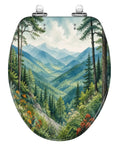 Elongated Mountain Valley Landscape Pine Forest Wildflowers Toilet Seat with detailed forest and mountain scenery.