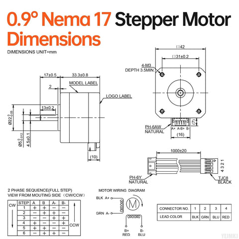 NEMA 17 stepper motor, 0.9°/step, 2-phase, 42×34 mm, 4-lead, 1 m cable, for 3D printer/CNC