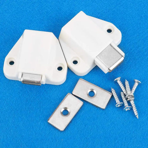 8 Pack Strong Magnetic Door Catch Kit For Cabinets And Cupboards, suction latch with screws on blue background.