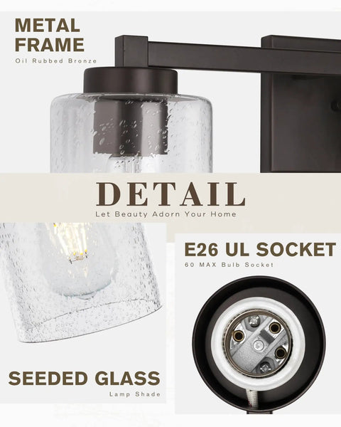 3 Light Vintage Style Vanity Light Fixture for Bathrooms in Oil Rubbed Bronze With Clear Seeded Glass Mid Century Modern Wall Sconce for Bath Vanity Hallway Or Bedroom 24.5 W x 8.7 H