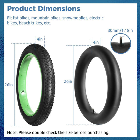 26 X 4.0 Fat Bike Tire Set With Inner Tube, AV Valve, And Levers, Puncture Resistant Replacement Kit dimensions