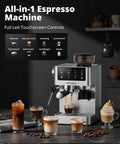 Espresso Machine With Burr Grinder And 20 Bar Pressure, Milk Frother Steam Wand, Stainless Steel Home Coffee Maker