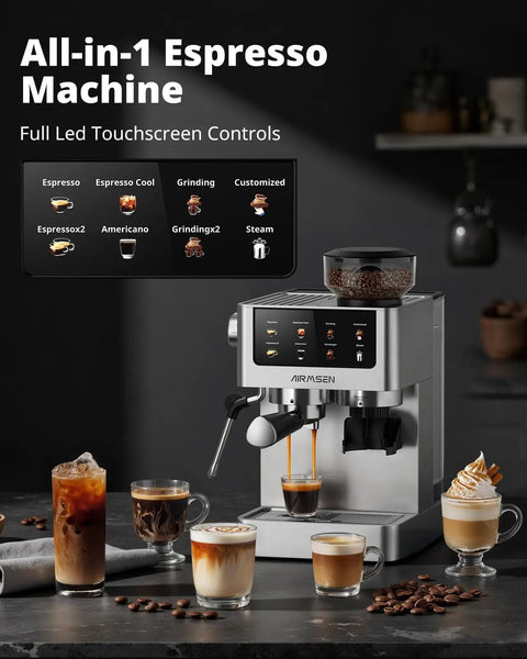 Espresso Machine With Burr Grinder And 20 Bar Pressure, Milk Frother Steam Wand, Stainless Steel Home Coffee Maker