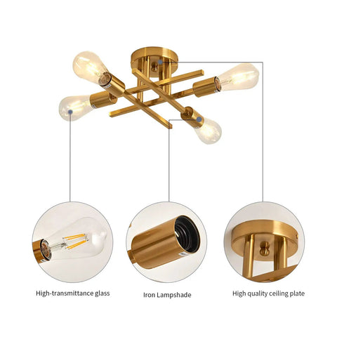 Modern Golden Metal Semi Flush Mount Ceiling Light Fixture Four Light Sputnik Style Chandelier with glass and iron details
