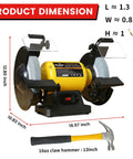 Powerful 4.8 Amp Three Quarters Horsepower 8 Inch Bench Grinder With 3600 RPM, dimensions shown with 16oz claw hammer