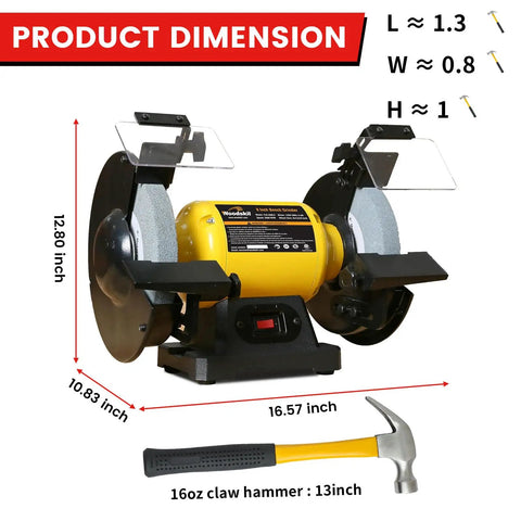 Powerful 4.8 Amp Three Quarters Horsepower 8 Inch Bench Grinder With 3600 RPM, dimensions shown with 16oz claw hammer