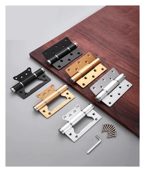 Two Pack Aluminum Alloy Hidden Door Closer Hinges With Soft Close For No Slam, Quiet, Smooth Doors, Gold and Silver hinges on table