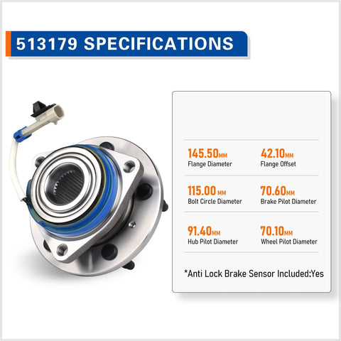 Front Wheel Hub And Bearing Assembly 5 Lug With ABS specifications for GM vehicles shown with measurement details