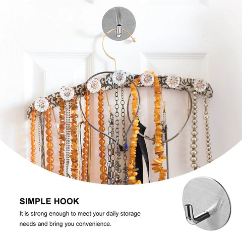 No Drill Needed Heavy Duty Stainless Steel Wall Hooks 6 Pack Adhesive Coat Hanger Set For Bathroom And Hallway Hold Up Great Under Weight With Zero Mess Or Drilling Required mounted on door, holding necklaces