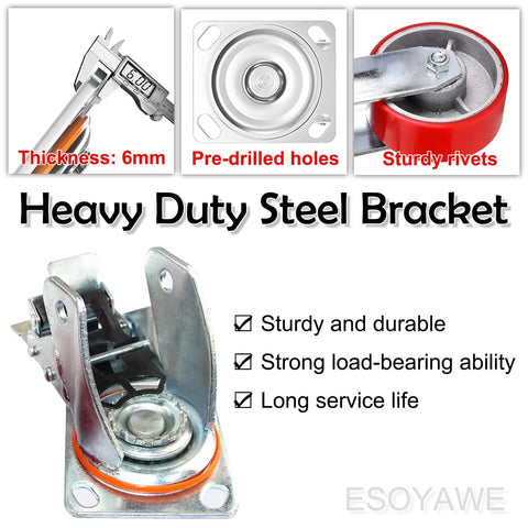 Built Tough Heavy Duty Plate Caster Replacement Set Featuring Dead Silent Polyurethane Wheels Double Ball Bearing Steel Hub Swivel Foot Brakes with 6mm thick steel bracket.