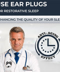 Doctor promoting wax ear plugs for sleep and swim, anti-aging effect icon, enhances sleep quality