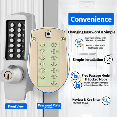 Front view of Mechanical Push Button Lever Lock With 13 Digit Keypad For Keyless Entry Keep Open Or Auto Locked 60mm Backset