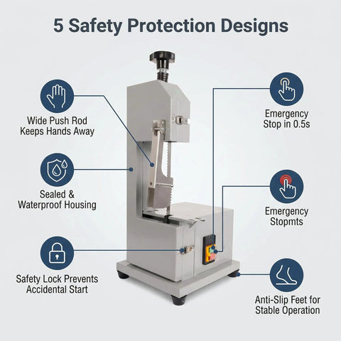 Heavy Duty Commercial Electric Bone Saw With Stainless Steel Table And Eight Replacement Blades 2500W Meat Bandsaw showing safety features and design.