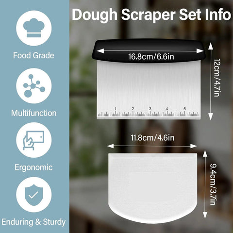 Sturdy Stainless Steel Bench Scraper With Dual BPA Free Plastic Bowl Scrapers Measuring Scale Flexible Edges Pro Grade Kitchen Tool Set For Pastry Bread Pizza Cake Great For Home Bakers. 6.6in scraper and bowl scraper