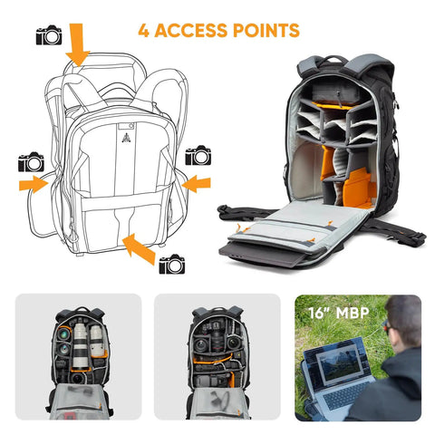ProTactic BP 450 AW III Camera Backpack with 4 point quick access design, organized compartments for DSLR, mirrorless gear and 16 inch laptop.