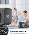 Smooth Operation Compact Portable Washer With Fast Drain Pump And Twenty Pound Laundry Capacity In Classic Gray with safety child lock.