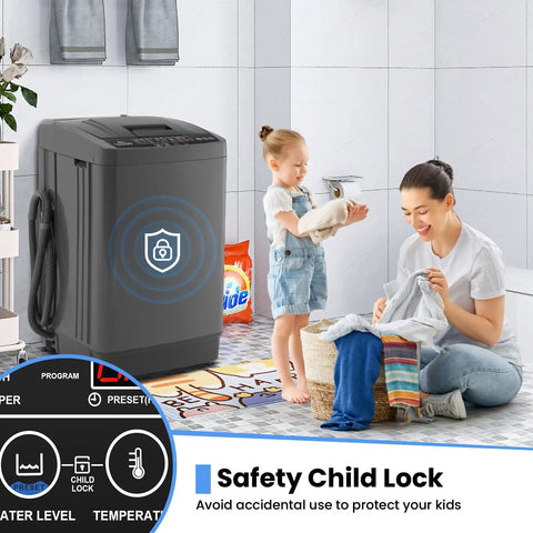 Smooth Operation Compact Portable Washer With Fast Drain Pump And Twenty Pound Laundry Capacity In Classic Gray with safety child lock.