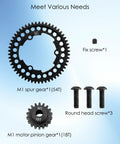 Beefed Up Hardened Steel 46T Spur Gear and 18T Pinion Gear Set with screws displayed on light background