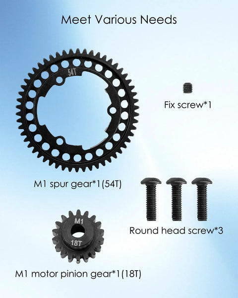 Beefed Up Hardened Steel 46T Spur Gear and 18T Pinion Gear Set with screws displayed on light background