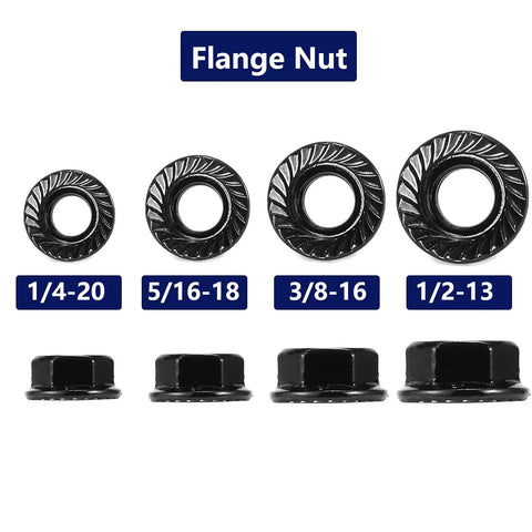 Top Shelf 1/4-20 Serrated Flange Hex Lock Nuts 100 Pack 304 Stainless Steel shown in various sizes for versatile use.
